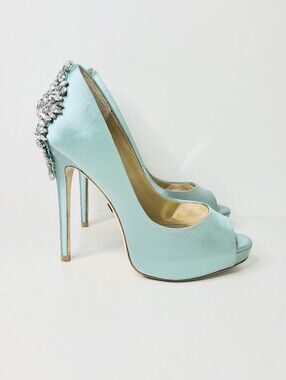 Badgley Mischka Beaded Rhinestone Mint Green Satin Platform Peep Toe Pumps